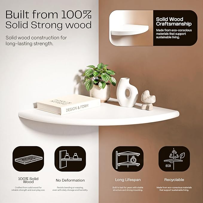 White Corner Floating Shelves for Wall – Set of 4, Rounded Wood Wall Mounted Corner Shelf with Hardware, Space Saving Decorative Storage for Kids Room, Bathroom, Living Room, Office – White