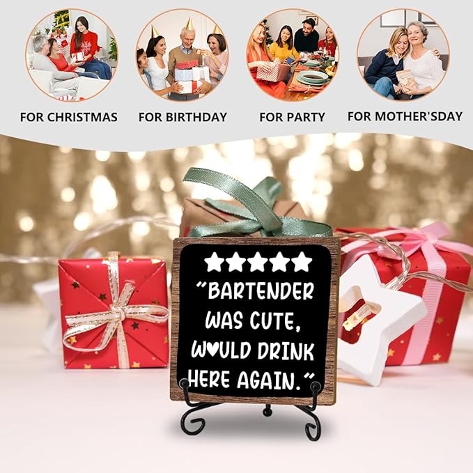 Funny Bartender Review Desk Sign, Funny Home Bar Plaque, Wooden with Stand, Bartender Was Cute Would Drink Here Again Wooden Tabletop Decor for Bar Table Decorations, Desk Shelf Decor Supplies