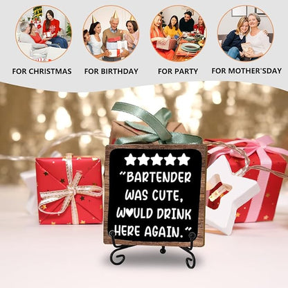 Funny Bartender Review Desk Sign, Funny Home Bar Plaque, Wooden with Stand, Bartender Was Cute Would Drink Here Again Wooden Tabletop Decor for Bar Table Decorations, Desk Shelf Decor Supplies