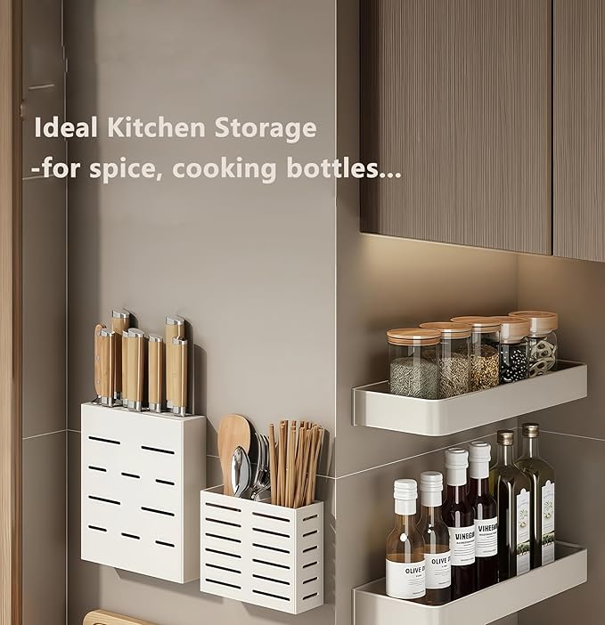 SEIDO Space-Saving Kitchen Utensil Holder | No-Drill Shelf Organizer | Wall Mount Spice Rack with Hooks | Space Aluminum | 16 Inch Long | White