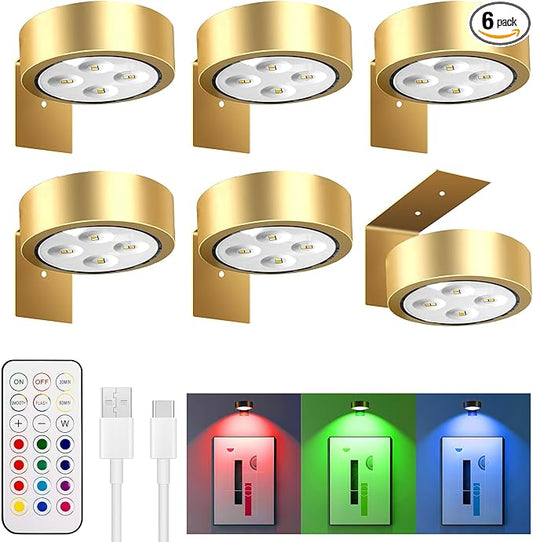 maylit 6 Pack RGBW Picture Lights for Wall, Rechargeable Battery Magnetic Poster Lights, Remote Dimmable Timer Painting Light, Wireless Wall Room Decor Light for Art Display, Frame, Gold