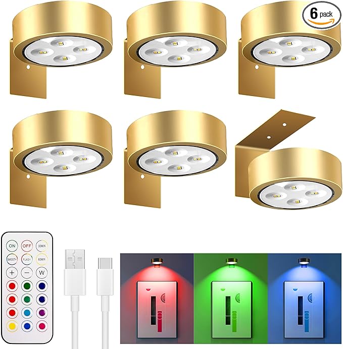 maylit 6 Pack RGBW Picture Lights for Wall, Rechargeable Battery Magnetic Poster Lights, Remote Dimmable Timer Painting Light, Wireless Wall Room Decor Light for Art Display, Frame, Gold