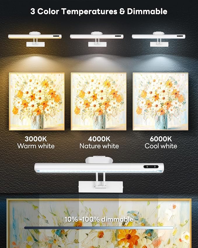 Magnetic Cordless Picture Light with Remote/Touch Control & Timer, 3CCT Dimmable, Angle Adjustable 5000mAh Battery 16in Metal Wall Sconce Decor for Artwork,Painting,Portrait,Gallery,Photo, White 2Pack