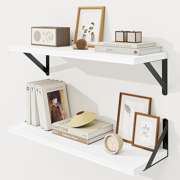 Floating Shelves, 8 Inch Deep Rustic Wood Wall Storage, 24W x 8D Wall Shelves Set of 2, Heavy Duty Metal Brackets, Industrial Book Shelf for Living Room, Kitchen, Bathroom, Bedroom, White