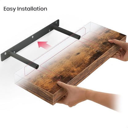 Ballucci Floating Shelves, 16" Wood Wall Shelf Set of 2, with Invisible Brackets for Bathroom, Living Room, Bedroom, Kitchen, Nursery, 6" Deep, Rustic Brown