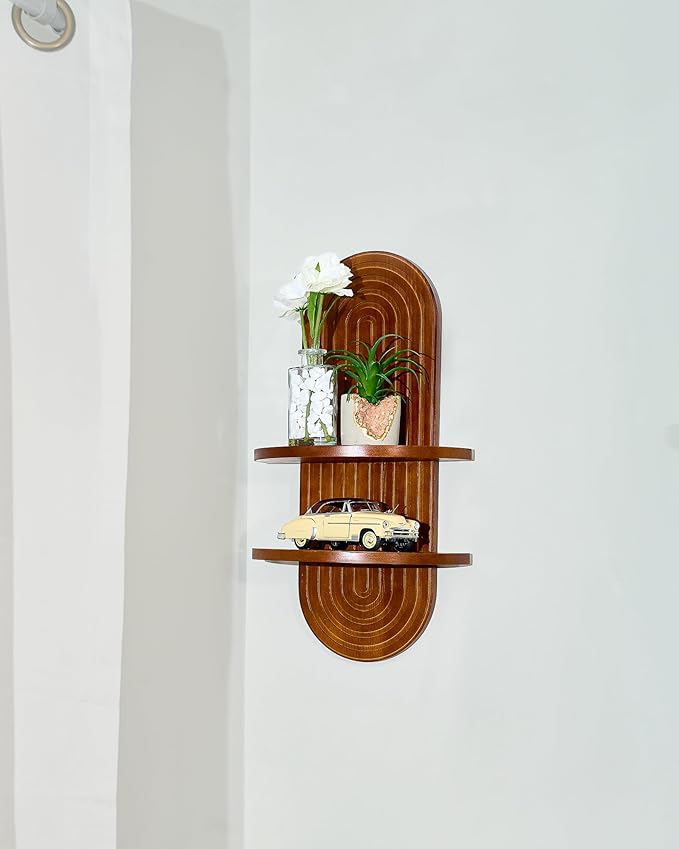 kendan Modern Wall Shelf with Arched Wood Design Mid-Century Double Floating Rainbow Shelves for Indoor Decoration Holding Planter Ornaments. (1, Oval)