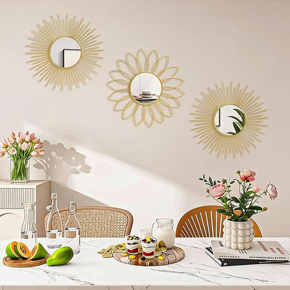 3 Pack Metal Mirrors for Wall Sunburst Wall Mirrors Home Décor Decorative Hanging Wall Art for Living Room Bedroom Entryway (Gold2, Flower+Sunburst)