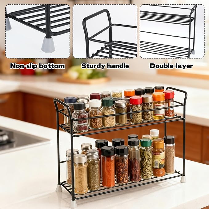 2 Tier Spice Rack Organizer for Countertop Sturdy Metal Standing Spice Storage Shelf Rack Seasoning Organizer Holder for Home Kitchen Cabinet Bathroom Bedroom Pantry Vanity Black