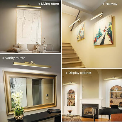 Picture Lights for Wall, Brushed Gold Battery Operated Picture Light 24in Art Light CCT Dimmable Recharging Battery Wall Light with Remote Control for Living Room Gallery