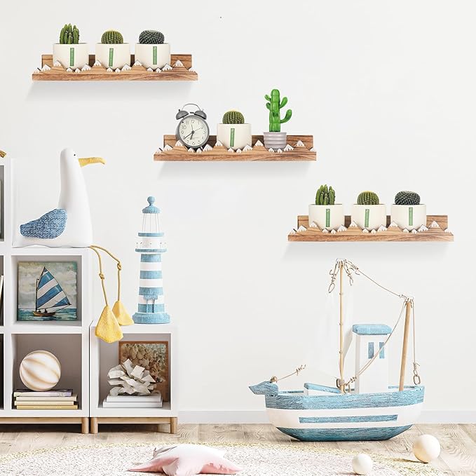 Wenqik 3 Pcs Snow Mountain Floating Shelves Wood Nursery Book Shelves Wall Mounted Rustic Floating Ledge for Kids Room(Light Brown)