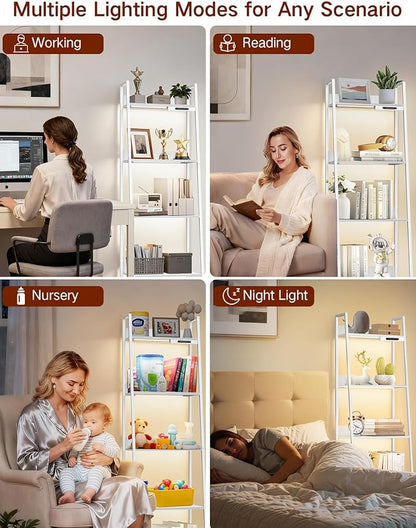 5-Tier Small Ladder Shelf with LED Lights, Touch & Remote Control, 3 Color Temperatures, Dimmable Tall Corner Standing Bookcase, Metal Wood Display Shelf for Living Room, Bedroom(White)