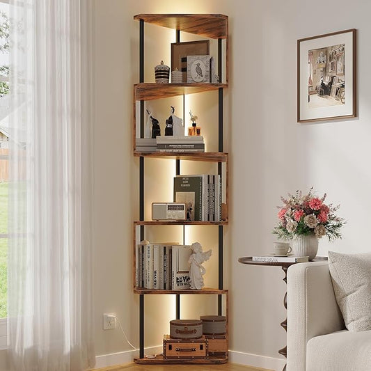 Industrial Corner Shelf with LED Lights & Mirror-Effect Panels, 6-Tier Modern Corner Bookshelf with Remote Control Color-Changing Lights, Space-Saving Display Unit for Bedroom & Living Room