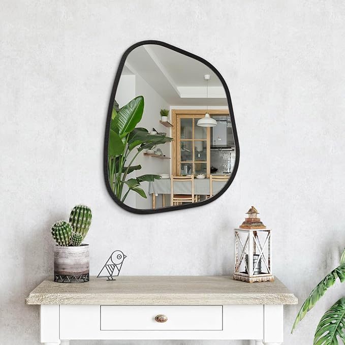 Irregular Wall Mirror Asymmetrical White Mirror Modern Wood Frame Unique Shape Wall Mounted Vanity Artistic Mirror Decor for Living Room Bedroom Bathroom Entryway Hallway 20