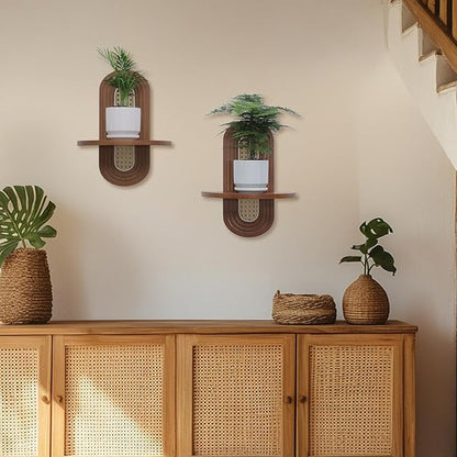 Floating Shelves for Wall, Boho Rattan Plant Shelf Set of 2, Mid Century Small Decorative Shelf Wall-Mounted, Natural Wood Shelves for Living Room,Bedroom,Nursey Room (Walnut)