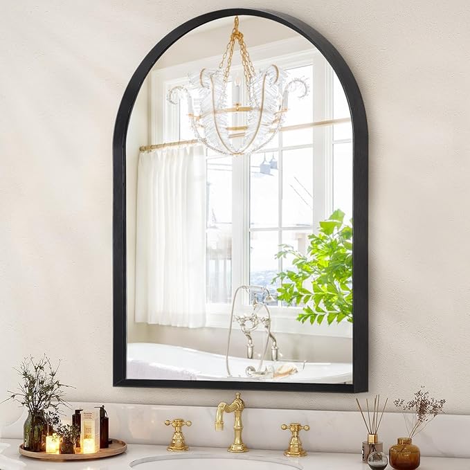 Black Arched Bathroom Wall Mirror Brushed Metal Vanity Wall Mounted Mirror for LivingRoom Bedroom Entryway Room vanity Home Decor 28"x20"