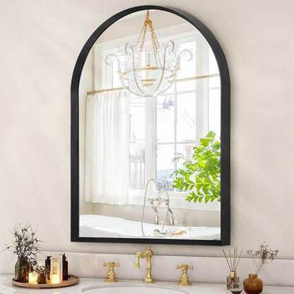 Arched Wall Mirror, 26"x18" Black Arch Mirror, Metal Frame Black Bathroom Mirror, Arched Vanity Mirror for Living Room Bedroom Mantel Entryway
