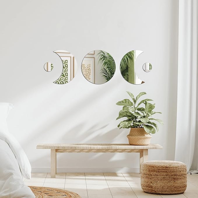 Americanflat Adhesive Mirror Tiles - Set of 5 Moon Phase Mirrors for Wall and Home Decor - Peel and Stick Mirrors - Modern Glass Mirror for Bathroom, Bedroom, Living Room