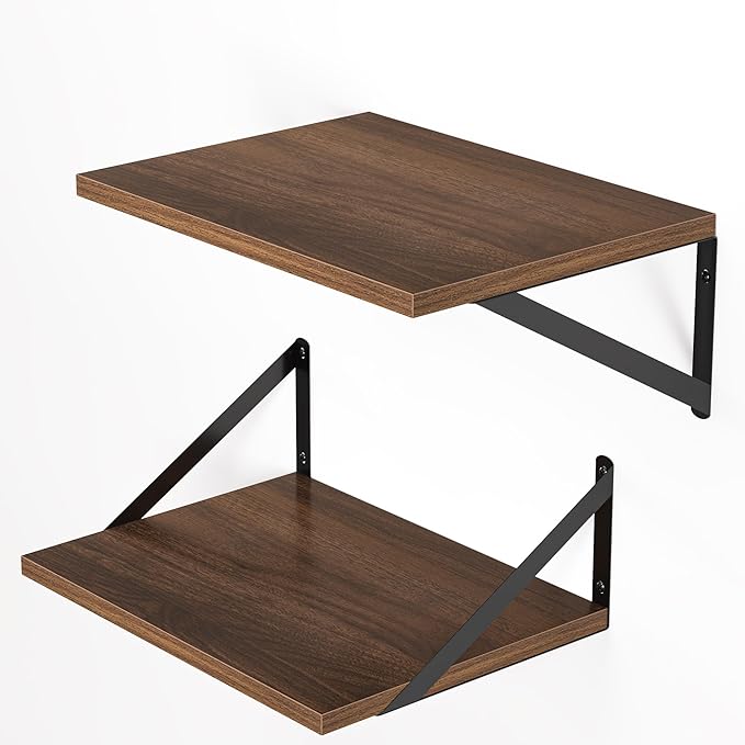 Heimlove 12 Inch Deep Floating Shelves for Wall, 16W x 12D Wood Wall Shelves Set of 2, Walnut Wide Floating Bookshelf for Living Room, Kitchen, Office, Bedroom, with Black Metal Bracke - Walnut