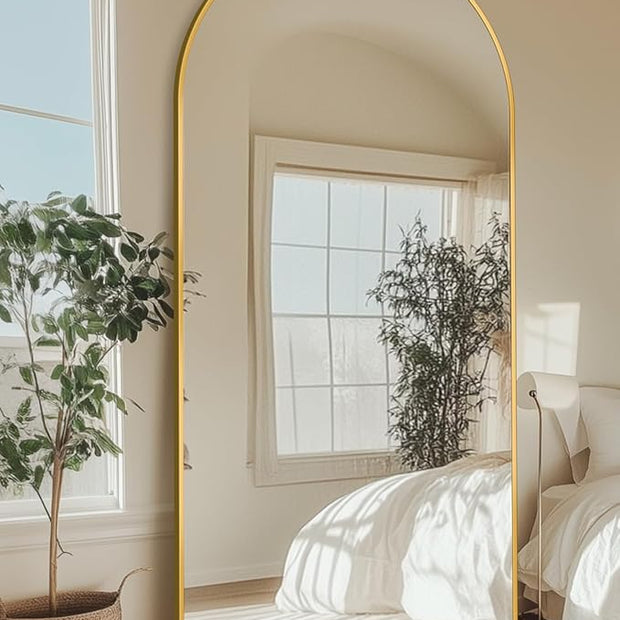 Full Length Mirror with Stand, 78"x38" Arched Full Body Mirror, Large Stand Up Mirrors, Aluminum Frame Floor Standing Mirrors, Freestanding Hanging Leaning Mounted for Bedroom Living Room, Gold