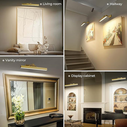 Picture Lights for Wall, Brushed Gold Battery Operated Picture Light 16in Art Light CCT Dimmable Recharging Battery Wall Light with Remote Control for Living Room Gallery 2PCS