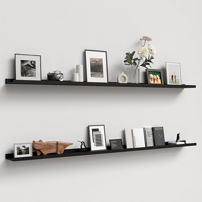 70.9 Inches Long Floating Shelves, 2 Set Modern Wall Shelf for Bedroom, Nursery Book Shelf with Lip, Picture Ledge Shelf for Wall Decor Living Room Bathroom Kitchen - Black