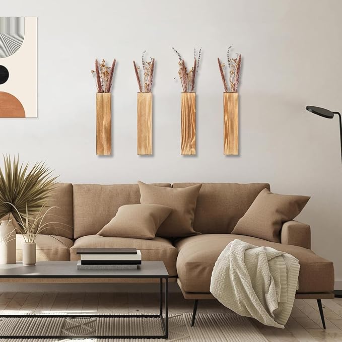 Wooden Wall Planter Set of 4 - Modern Home Decor for Living Room, Bedroom, Bathroom - Brown Finish Planter for Dried Flowers, Faux Greenery, Indoor Plants
