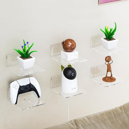 Acrylic Wall Shelves,Clear 6 inch Floating Shelves for Display,Echo,Cameras,Speaker,Plant,Router Wall Mounted Transparent Small Invisible Shelves with Adhesive Bedroom Bathroom Living Room Decoration