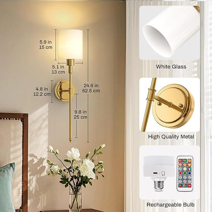 DORESshop Battery Operated Wall Sconce Set of 2, Wireless Wall Light Easy to Install, 10 Color, Sconce Wall Decor Set of 2 for Bedroom, Living Room, Gold and Milky White Glass Shade, 24.3in