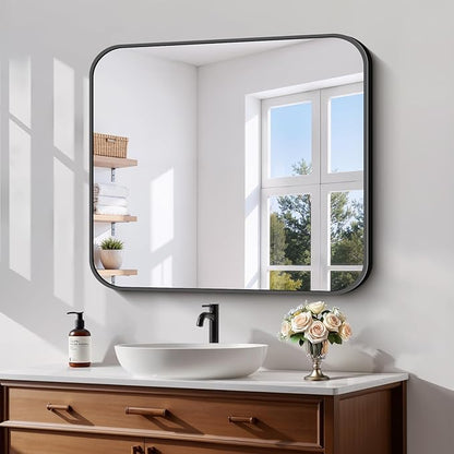 Koonmi Black Framed Bathroom Mirror - 28x32 Inch Shatterproof Tempered Glass Vanity Mirror for Bathroom Sink, Wall Mounted with Matte Aluminum Alloy Frame, No Distortion, Modern Decor