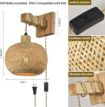 Bamboo Plug in Wall Sconces Set of Two, Hand Woven Boho Wall Lamp Plug in Cord Wall Sconces for Bedroom Living Room Farmhouse