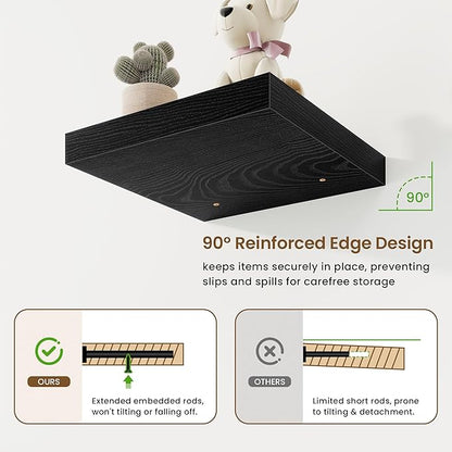 Marsmiles Square Floating Shelves for Wall, 12" W x 12" D x 1.5" H, 3 Pack Small Wall Mounted Engineered Wood Shelves with Invisible Brackets for Living Room, Bedroom, Bathroom, Kitchen Decor, Black