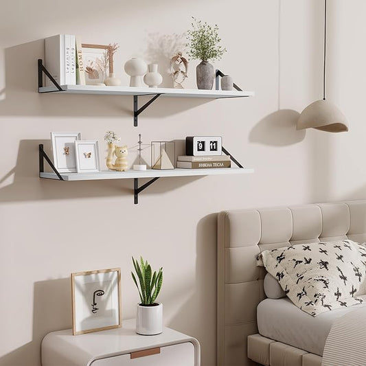 Floating Shelves for Wall,40" Wall Mounted Shelves Set of 2,Long Wood Floating Shelves,Hanging Wide Display & Storage Shelf with Metal Brackets for Bathroom,Bedroom,Kitchen,Living Room,White