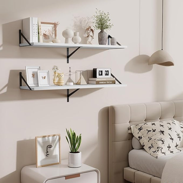 Floating Shelves for Wall,40" Wall Mounted Shelves Set of 2,Long Wood Floating Shelves,Hanging Wide Display & Storage Shelf with Metal Brackets for Bathroom,Bedroom,Kitchen,Living Room,White