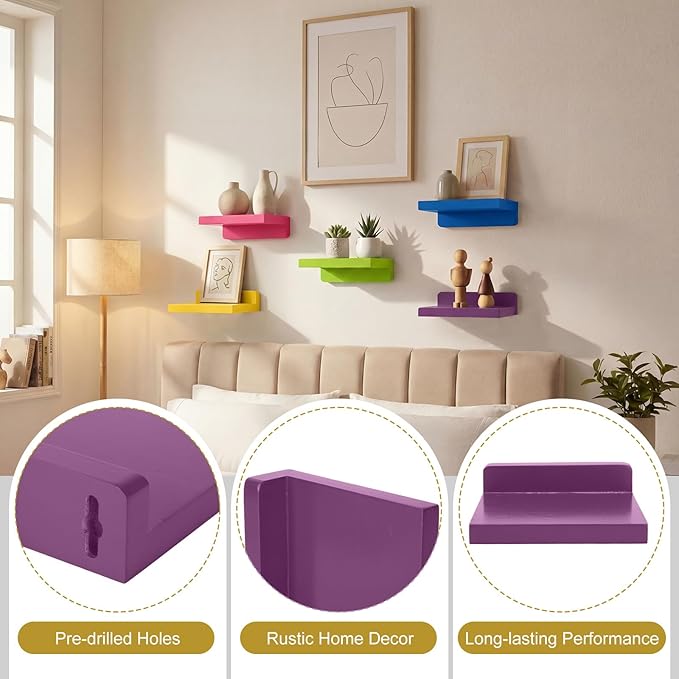 Novabright 5 Pack Small Floating Shelves Mini Shelves Hanging Display 5 Inch Wood Wall Shelf for Plant Bathroom Livingroom Bedroom with 2 Types of Installation Nursery Decor(Bright)