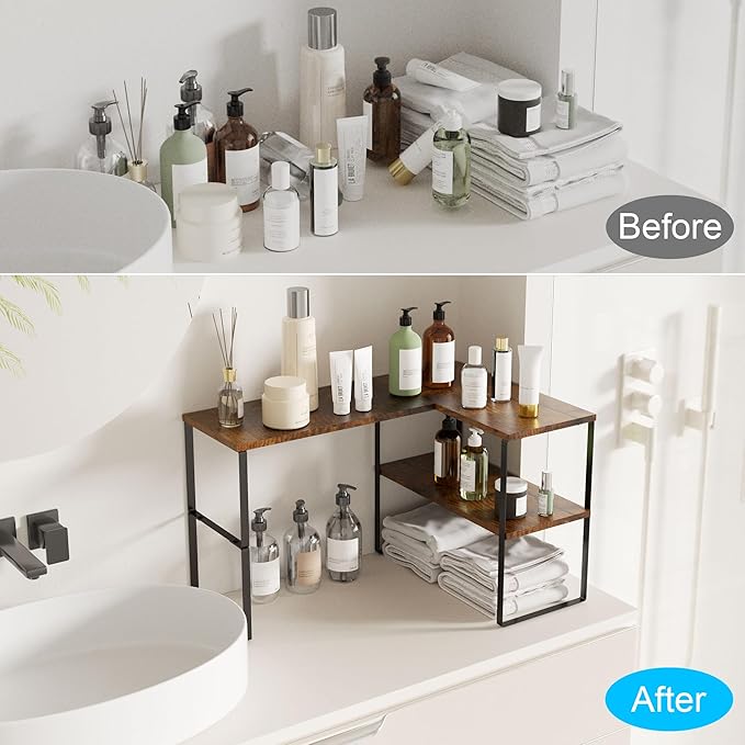 Golener Countertop Organizer Corner Shelf, 2 Tier Adjustable Stackable Corner Shelves for Kitchen, Bathroom, Spice Rack, Coffee Area, Over Sink, Dresser Table, Corner Counter Shelf Stand, Rustic Brown
