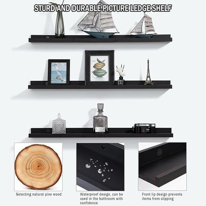 AZSKY Floating Picture Ledge Shelves for Wall Set of 3, 24 Inch Shelves with Lip Long Large Nursery Book Shelf for Storage Bookshelf Wall Mounted Living Room Bedroom Decor Frames(Black)