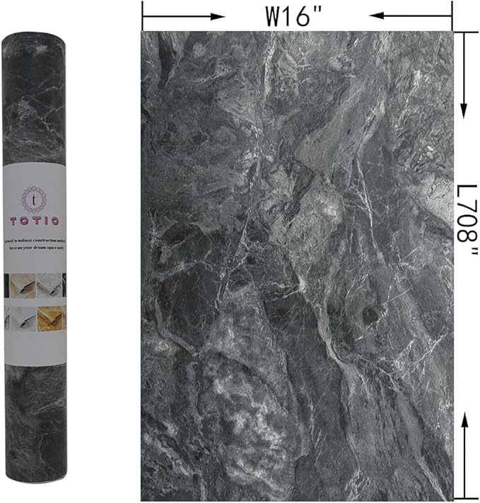 TOTIO Grey Marble Wallpaper Peel Stick Dark Gray Granite Texture Wall Paper Rolls Thicken Waterproof Removable 16x708in Self Adhesive Vinyl Wallpaper for Kitchen Bathroom Cabinet Shelf Liner