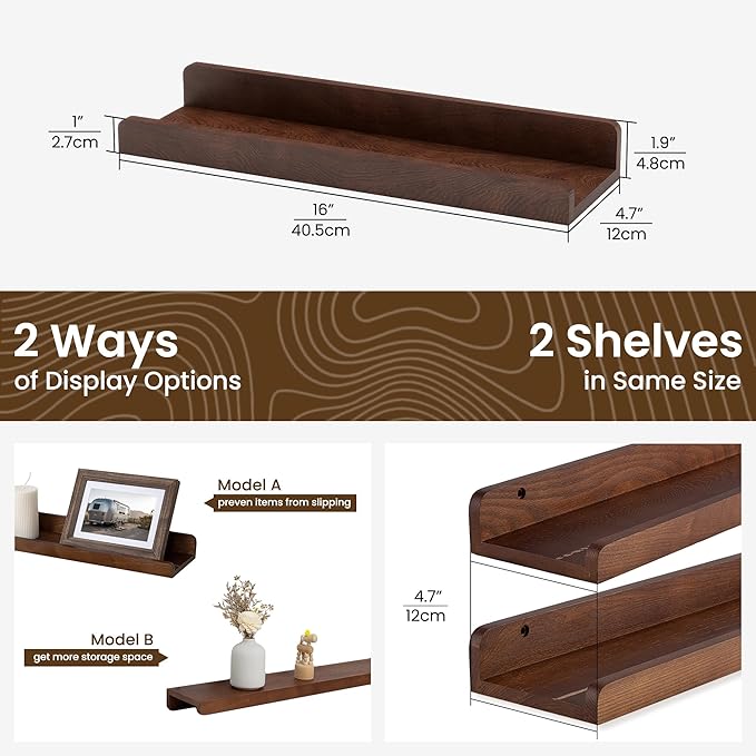 Floating Shelves for Wall - Wood Picture Ledge Shelf Set of 2 - Dark Wood Wall Shelves with Lip - Walnut Picture Frame Shelf
