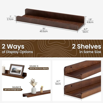 Floating Shelves for Wall - Wood Picture Ledge Shelf Set of 2 - Dark Wood Wall Shelves with Lip - Walnut Picture Frame Shelf