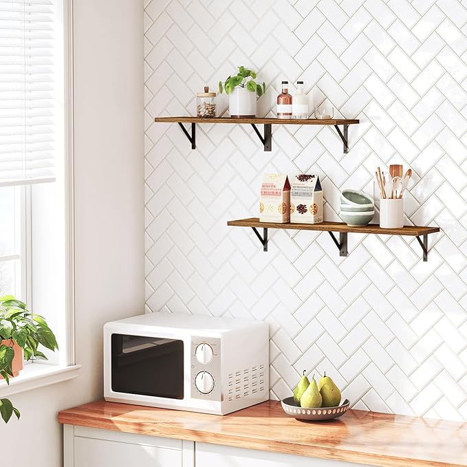 HOOBRO Floating Shelves, 30 Inch Wall Shelf Set of 2, Wall-Mounted Storage Shelves, Retro Hanging Shelf with Metal Frame, for Living Room, Bedroom, Bathroom, Kitchen, Rustic Brown and Black BF24BJ01