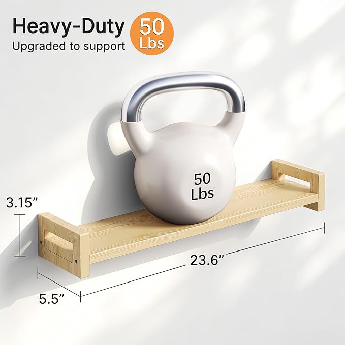 Vailando Floating Shelves for Wall, Set of 3 Solid Wood Wall Mounted Shelves, 23.6