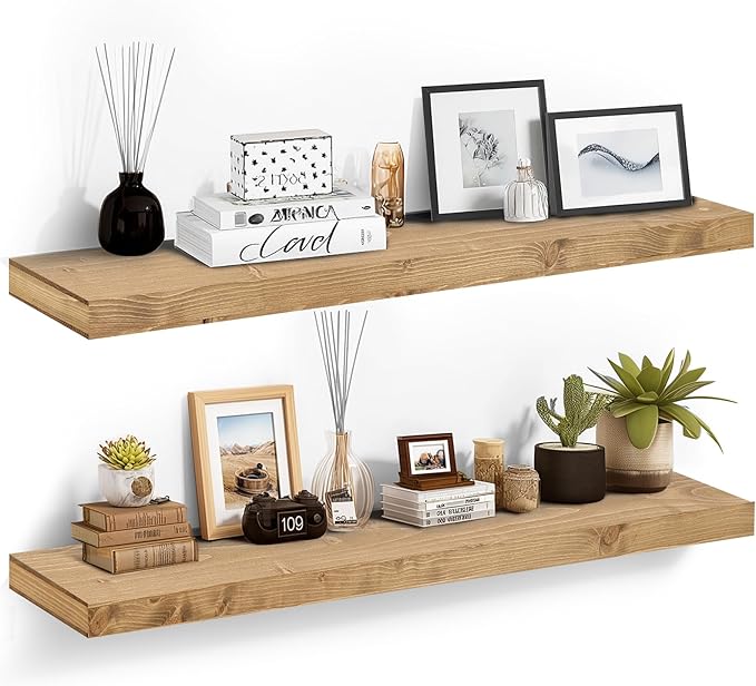 48x6.8x2in Floating Shelf – Natural Oak Solid Wood Rustic Mounted Shelf – Heavy Duty Decorative Storage for Living Room, Kitchen, Bathroom, Bedroom