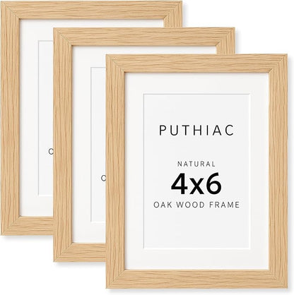 puthiac 4x6 Solid Oak Wood Picture Frame, Fits 3x5 with Mat or 4x6 Without Mat, Wall or Tabletop Display with Stand, Vertical or Horizontal, Plexi Front, 3 Pack, Natural Oak