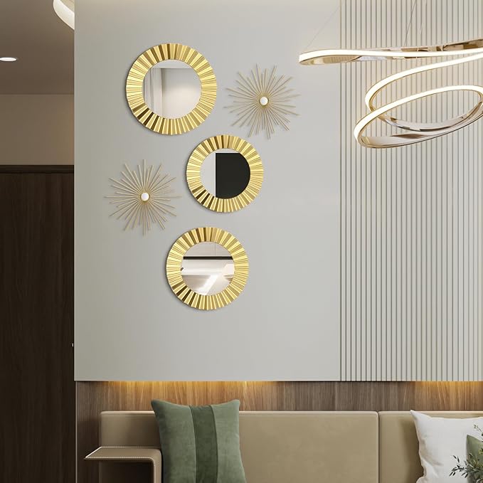 5 Pack Gold Metal Mirrors for Wall Gold Starburst Sunburst Wall Decor Set Metal Round Mirrors Decor Hanging Art Circle for Living Room Bathroom Bedroom Modern Decorative Gifts