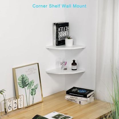 Joiishom Wood Corner Wall Shelves Set of 2, Solid Wood Corner Floating Shelves, Round End Wall Mounted Floating Corner Shelf for Bedroom, Living Room and Kitchen (White-10 inch)