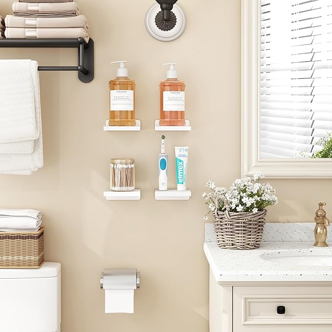 Fixwal Floating Shelves for Wall, Rustic Wood Small Wall Mounted Shelves for Bedroom, Living Room, Kitchen, Bathroom Decor, Set of 4, 5 x 5 Inches (White)