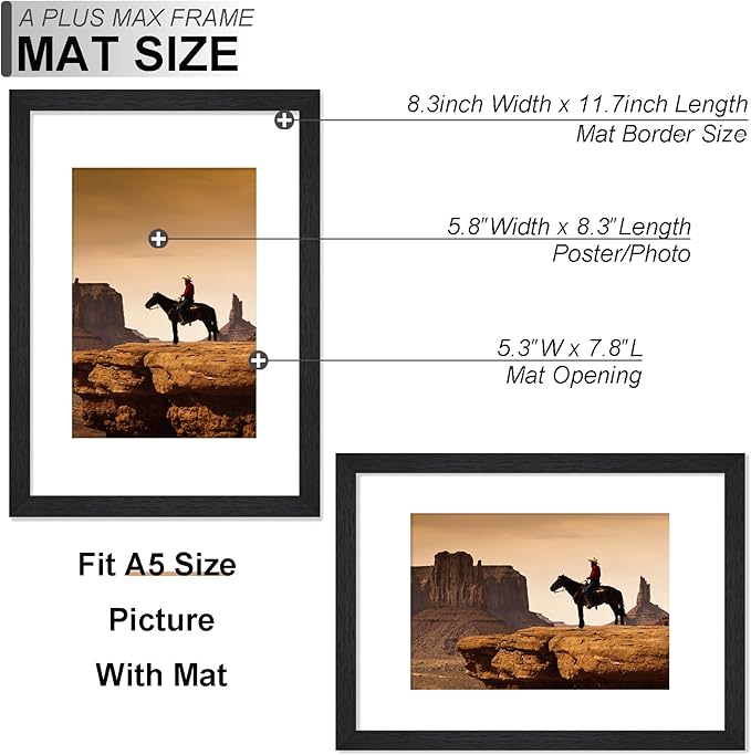 A PLUS MAX Black A4 Frame, Engineered Wood Frame Display Papaer Size A5 Picture with Mat or A4 without Mat, A4 Frame with Wood-grain for Photo 8.3 x 11.7 inch for Wall - 1 Pack