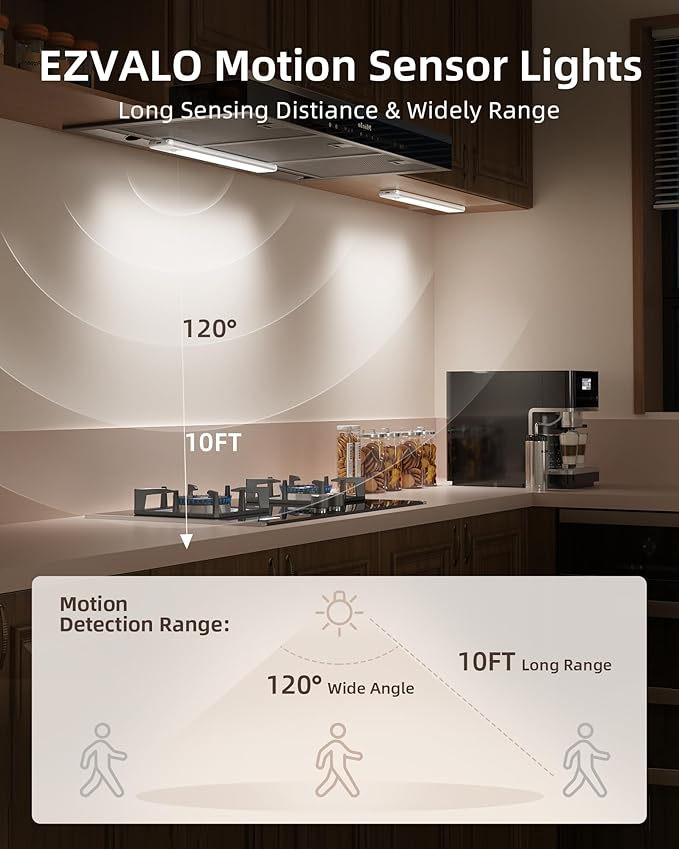 EZVALO 16.5-inch Under Cabinet Lighting, 3 Color Temperatures, 4000mAh Rechargeable Motion Sensor Light Indoor, LED Magnetic Lights with Dimmable for Kitchen, Stairs, Pantry, Closet