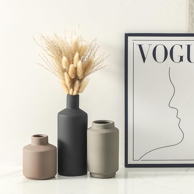 Ceramic Vase Set of 3, Modern Farmhouse Boho Table Centerpiece Vases, Small Flower Pottery for Coffee Bar Shelf Bookshelf Living Room Kitchen Decor, Rustic Home Decor Accents