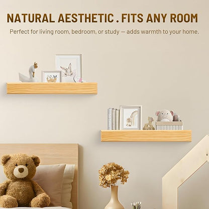 24 Inch Picture Ledge Shelf with Lip,Floating Shelves for Wall, Set of 2 Solid Pine Wood Shelves with Invisible Brackets, Wall Storage for Living Room, Bedroom, Kitchen, Bathroom(Nature Wood)
